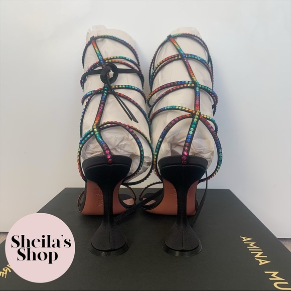 NIB Amina Muaddi x AWGE LSD Rainbow Crystal Satin Gladiator Sandals Size 37 - Picture 5 of 9